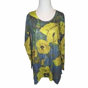 Soft Surroundings green blue knit top floral print long tunic long sleeve size S
